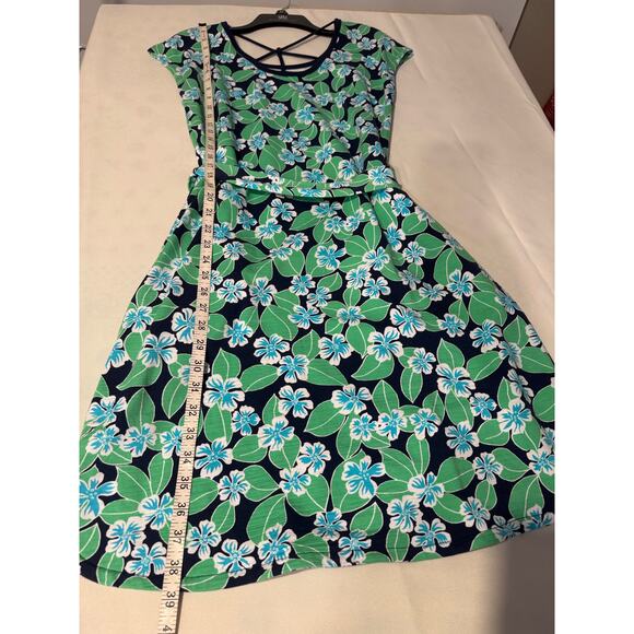 T by Talbots Blue Green Hawaiian Print Dress Tie Waist Navy Trimmed Caged Back - Picture 11 of 16